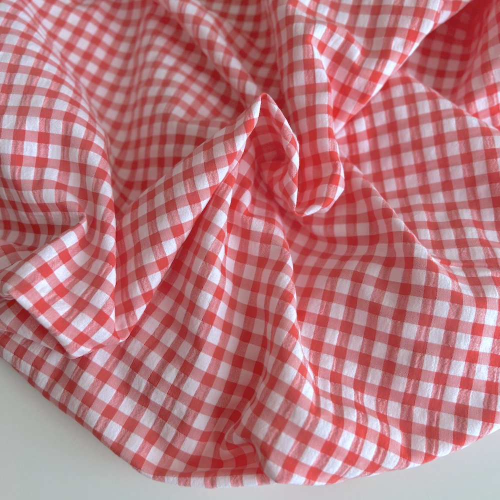 Seersucker / Coton gaufré vichy 6mm Corail / blanc Batikou - 1