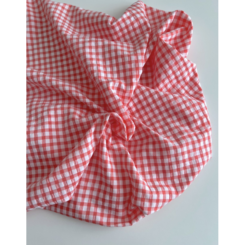 Seersucker / Coton gaufré vichy 6mm Corail / blanc Batikou - 5