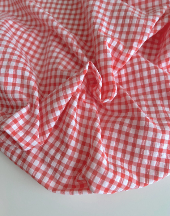 Seersucker / Coton gaufré vichy 6mm Corail / blanc Batikou - 7