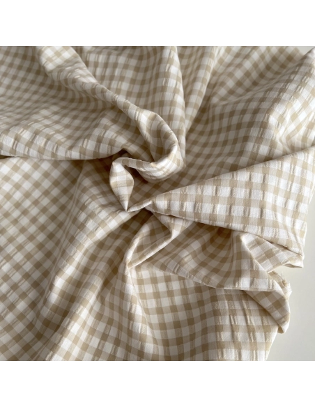 Seersucker / Coton gaufré vichy 6mm biscuit/ blanc Batikou - 1