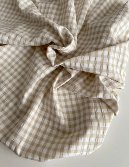 Seersucker / Coton gaufré vichy 6mm biscuit/ blanc Batikou - 4