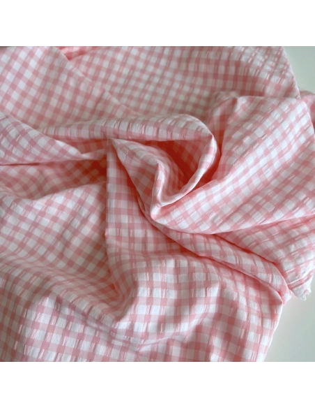 Seersucker / Coton gaufré vichy 6mm rose malabar / blanc Batikou - 1