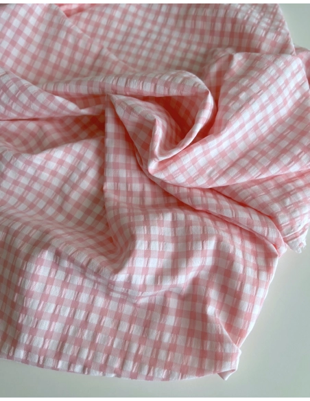 Seersucker / Coton gaufré vichy 6mm rose malabar / blanc Batikou - 3