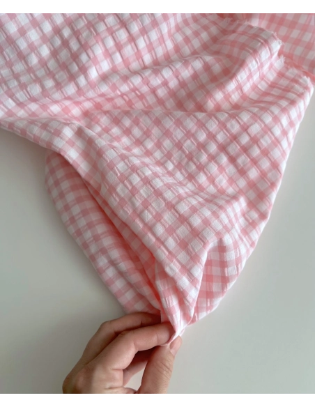 Seersucker / Coton gaufré vichy 6mm rose malabar / blanc Batikou - 4