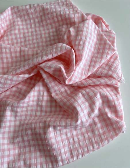 Seersucker / Coton gaufré vichy 6mm rose malabar / blanc Batikou - 7