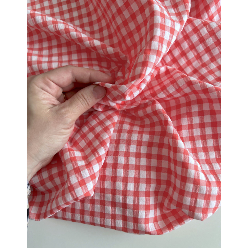 Seersucker / Coton gaufré vichy 6mm Corail / blanc Batikou - 8