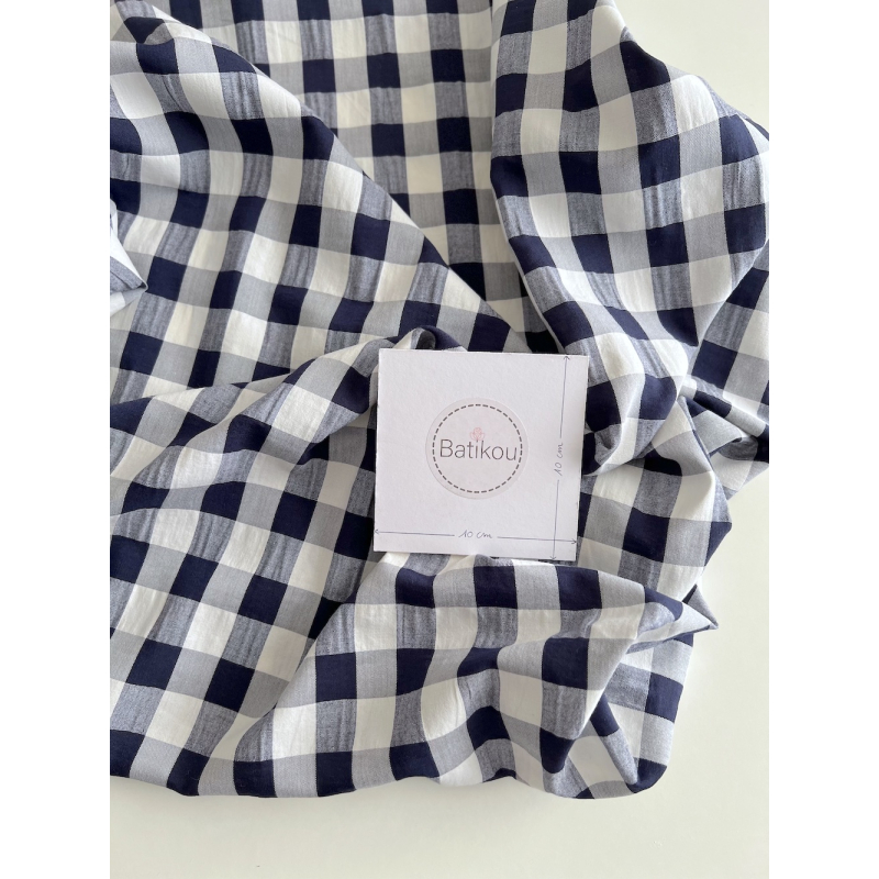 Seersucker / Coton gaufré vichy 20mm bleu marine / blanc Batikou - 4