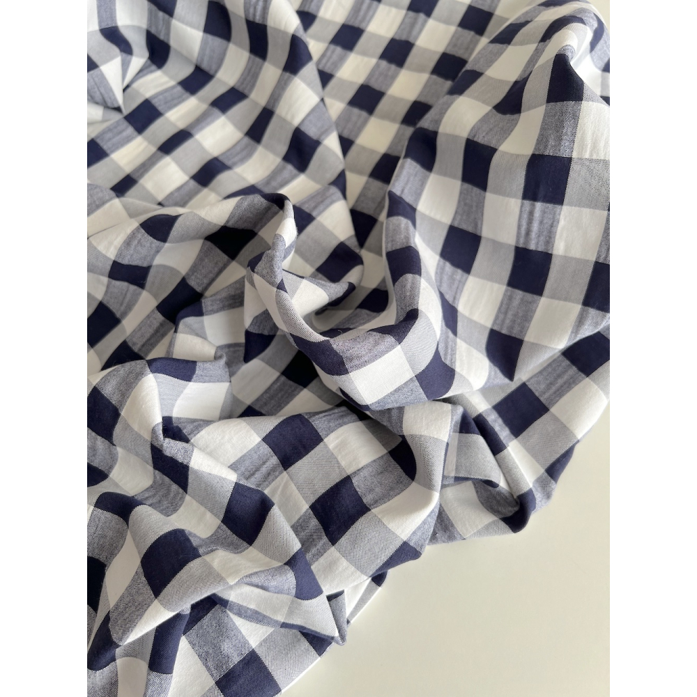 Seersucker / Coton gaufré vichy 20mm bleu marine / blanc Batikou - 7