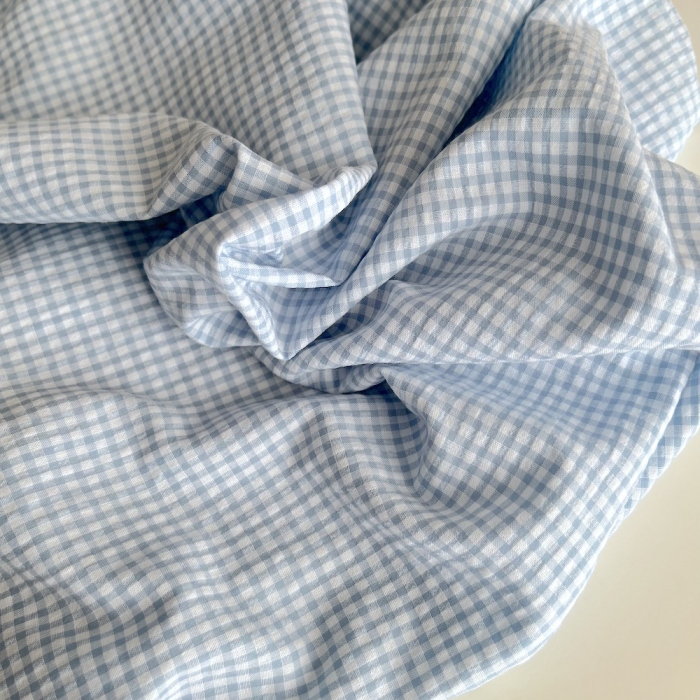 Seersucker / Coton gaufré vichy mini 3mm bleu jean / blanc Batikou - 1