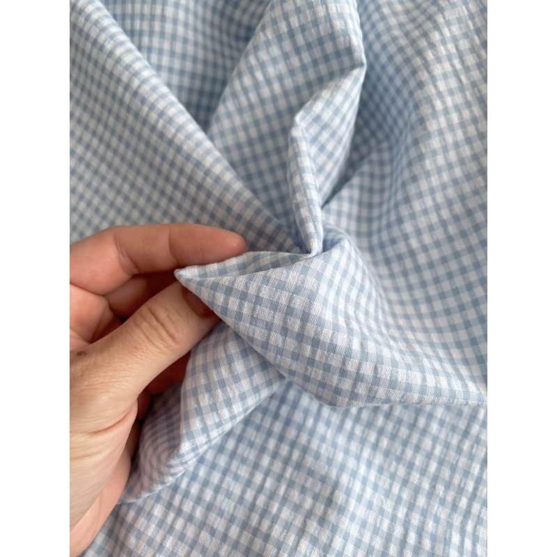 Seersucker / Coton gaufré vichy mini 3mm bleu jean / blanc Batikou - 2