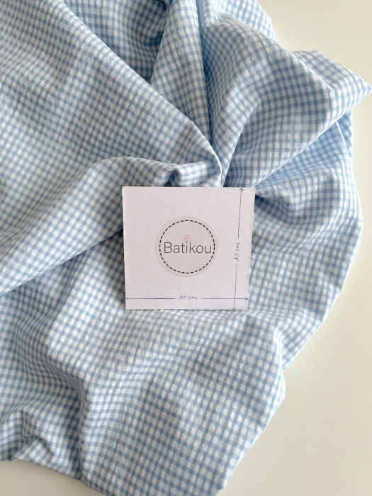 Seersucker / Coton gaufré vichy mini 3mm bleu jean / blanc Batikou - 3