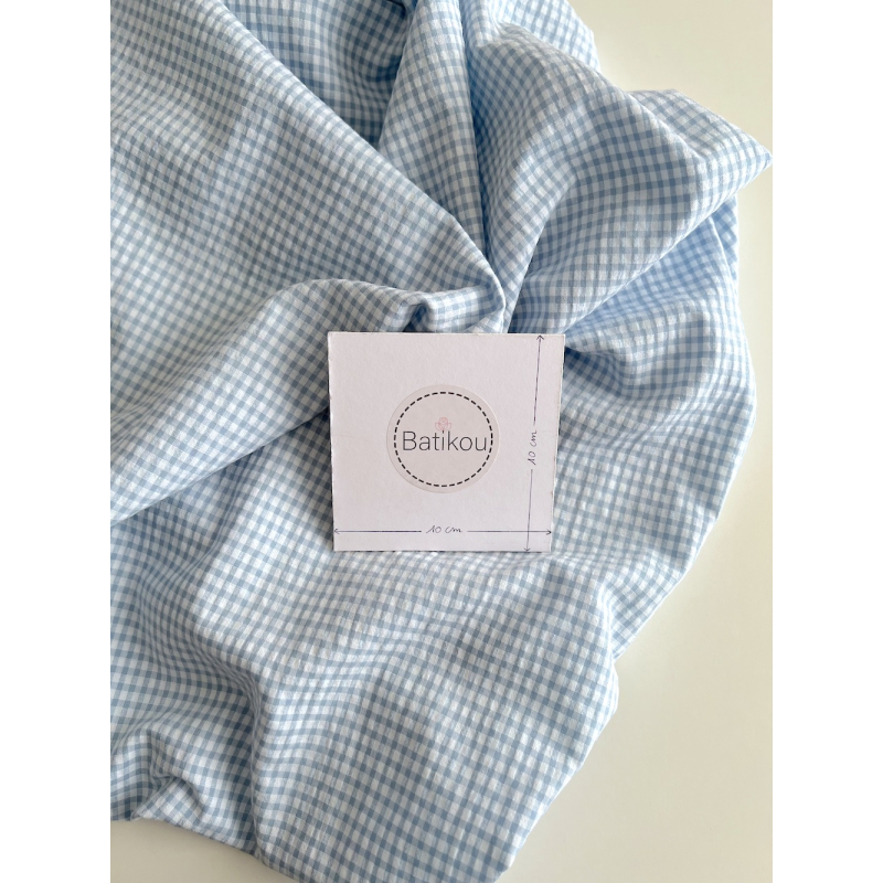 Seersucker / Coton gaufré vichy mini 3mm bleu jean / blanc Batikou - 3