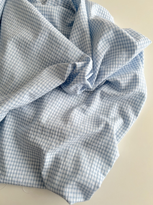 Seersucker / Coton gaufré vichy mini 3mm bleu jean / blanc Batikou - 6