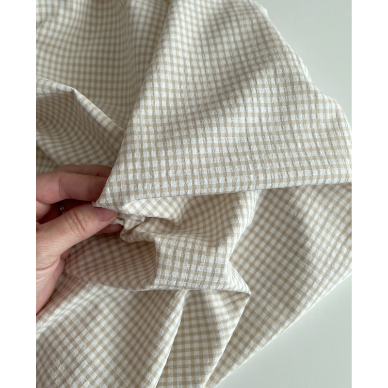 Seersucker / Coton gaufré vichy mini 3mm biscuit / blanc Batikou - 2