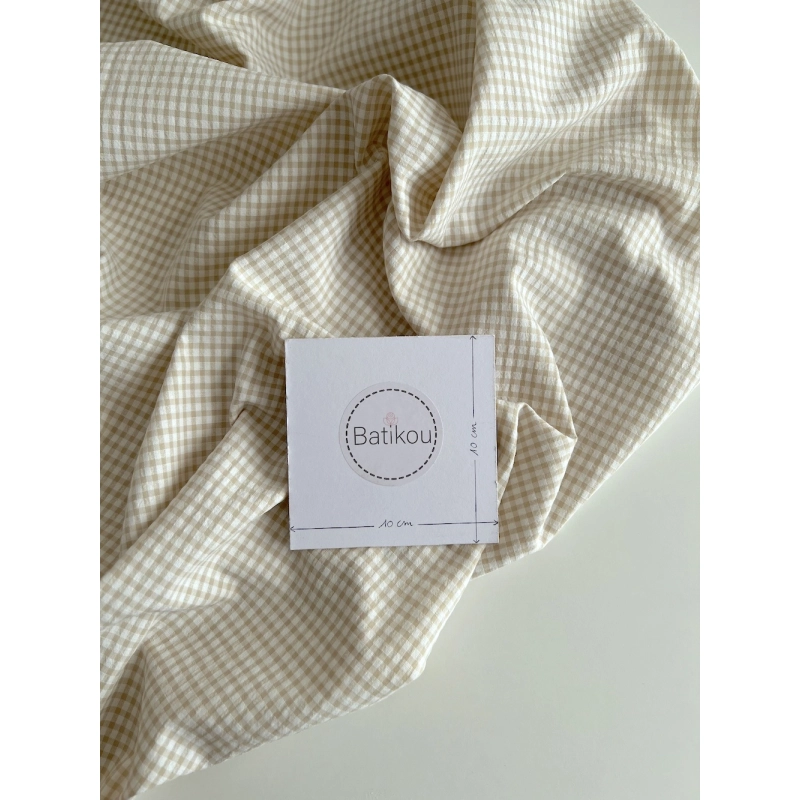 Seersucker / Coton gaufré vichy mini 3mm biscuit / blanc Batikou - 4