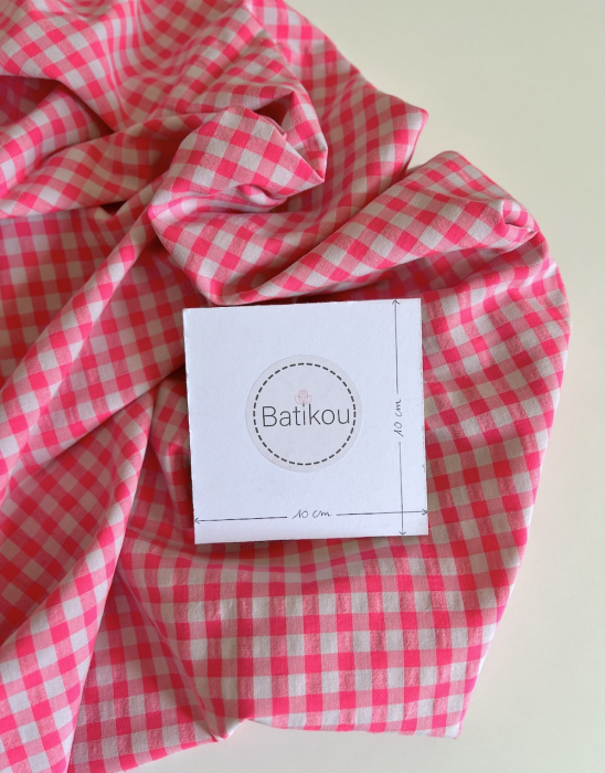 Seersucker / Coton gaufré vichy moyen 6mm rose fluo Batikou - 4