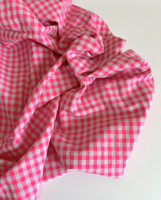 Seersucker / Coton gaufré vichy moyen 6mm rose fluo Batikou - 6