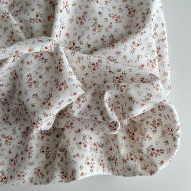 Tissu coton au mètre - Fleuri blanc et ocre