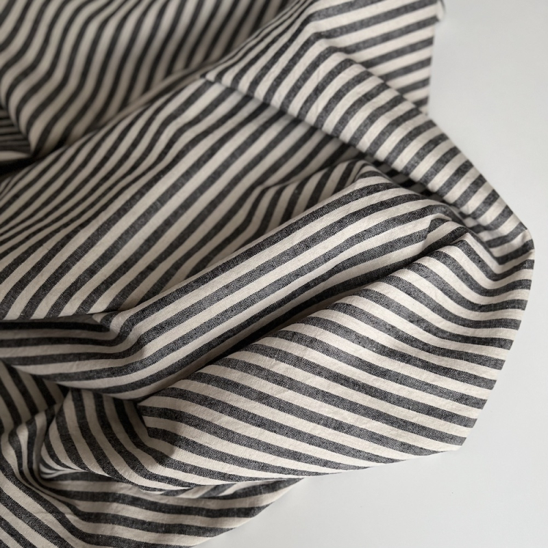 Lin et coton à rayures tissées noir et grège Qualité Oeko-tex - 1