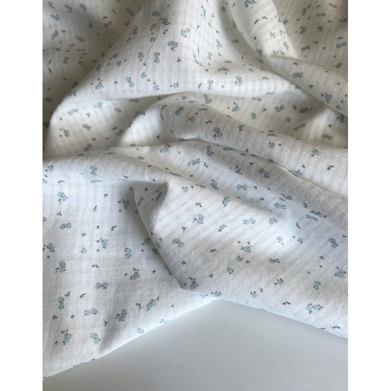 Seersucker / Coton gaufré doux motif fleuri bleu ciel Batikou - 8