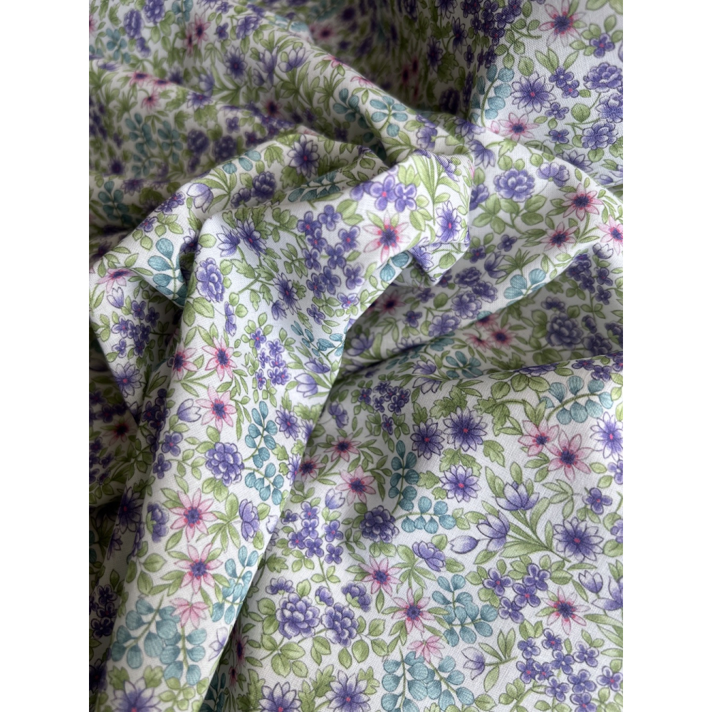 Rita - Batiste de coton bio SILKYNE à imprimé fleuri bleu et vert Tissus issus de l'agriculture biologique  - 8