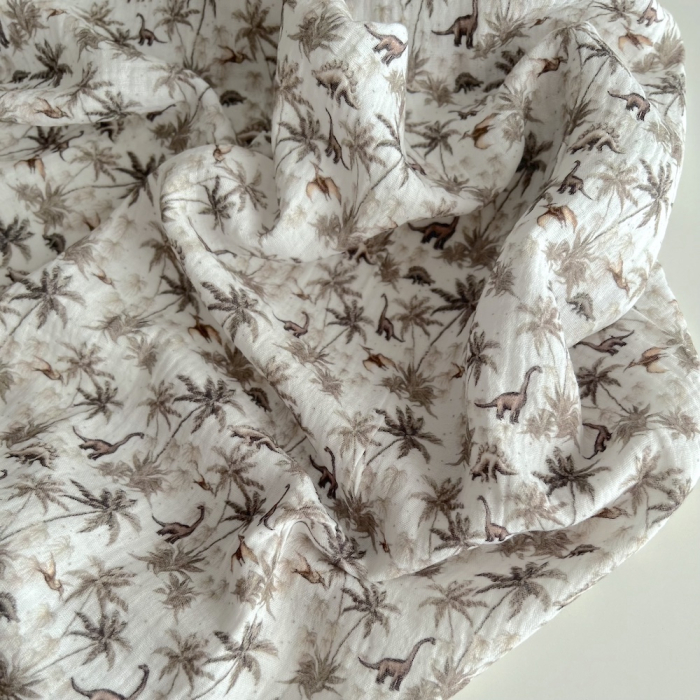 Dino - Double gaze de coton imprimé dinosaures taupe / kaki Qualité Oeko-tex - 1