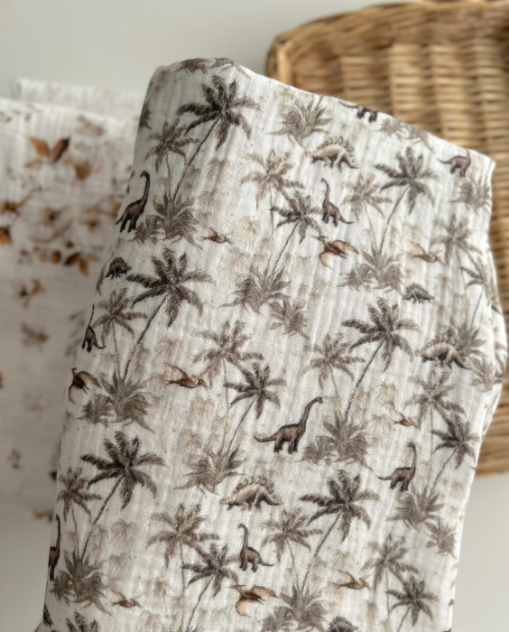 Dino - Double gaze de coton imprimé dinosaures taupe / kaki Qualité Oeko-tex - 2