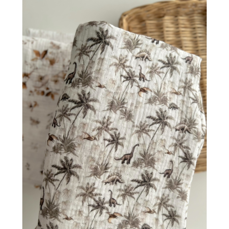 Dino - Double gaze de coton imprimé dinosaures taupe / kaki Qualité Oeko-tex - 2