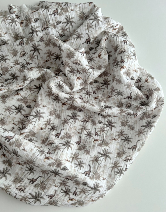 Dino - Double gaze de coton imprimé dinosaures taupe / kaki Qualité Oeko-tex - 3