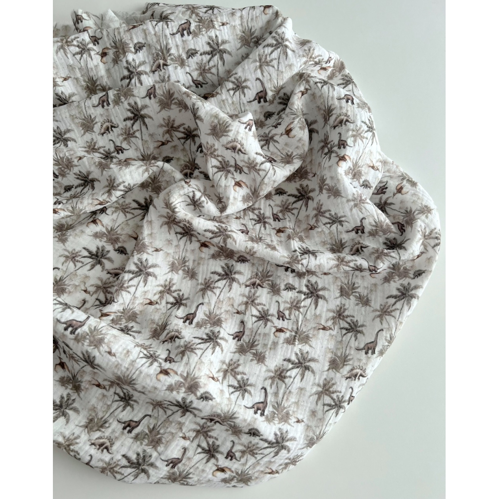 Dino - Double gaze de coton imprimé dinosaures taupe / kaki Qualité Oeko-tex - 3