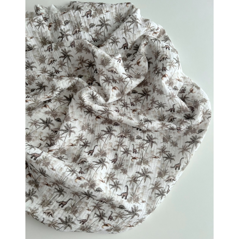 Dino - Double gaze de coton imprimé dinosaures taupe / kaki Qualité Oeko-tex - 3