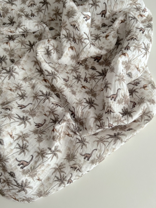 Dino - Double gaze de coton imprimé dinosaures taupe / kaki Qualité Oeko-tex - 4