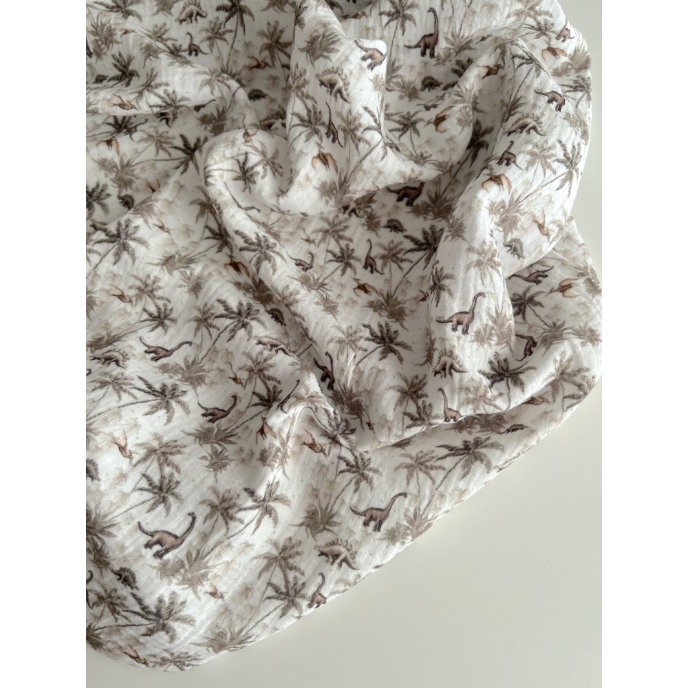 Dino - Double gaze de coton imprimé dinosaures taupe / kaki Qualité Oeko-tex - 4