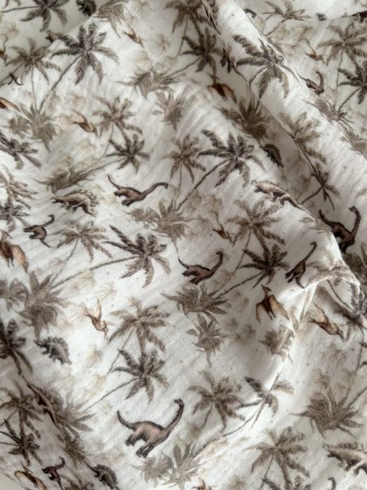 Dino - Double gaze de coton imprimé dinosaures taupe / kaki Qualité Oeko-tex - 5