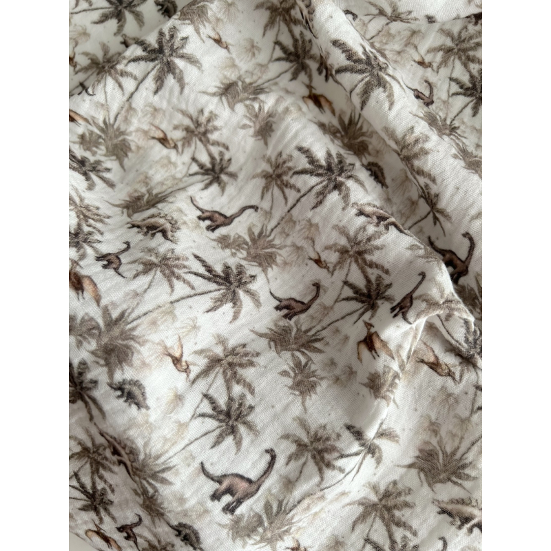 Dino - Double gaze de coton imprimé dinosaures taupe / kaki Qualité Oeko-tex - 5