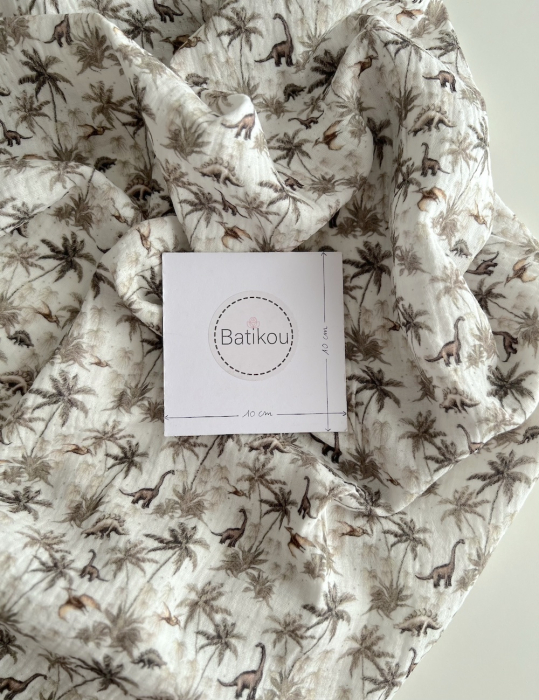 Dino - Double gaze de coton imprimé dinosaures taupe / kaki Qualité Oeko-tex - 6