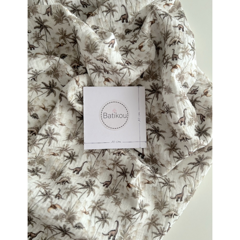 Dino - Double gaze de coton imprimé dinosaures taupe / kaki Qualité Oeko-tex - 6