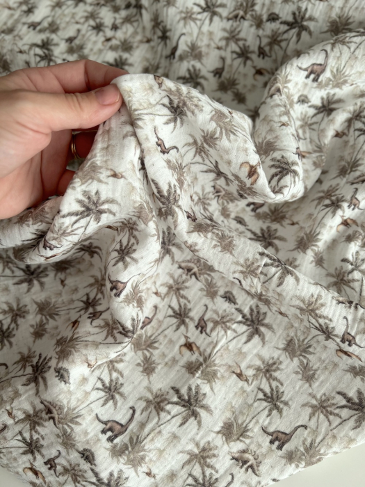 Dino - Double gaze de coton imprimé dinosaures taupe / kaki Qualité Oeko-tex - 8