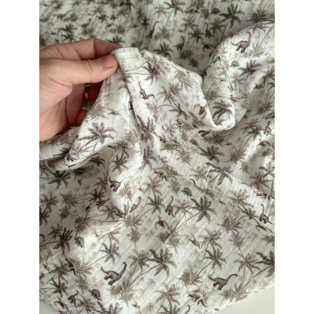 Dino - Double gaze de coton imprimé dinosaures taupe / kaki Qualité Oeko-tex - 8