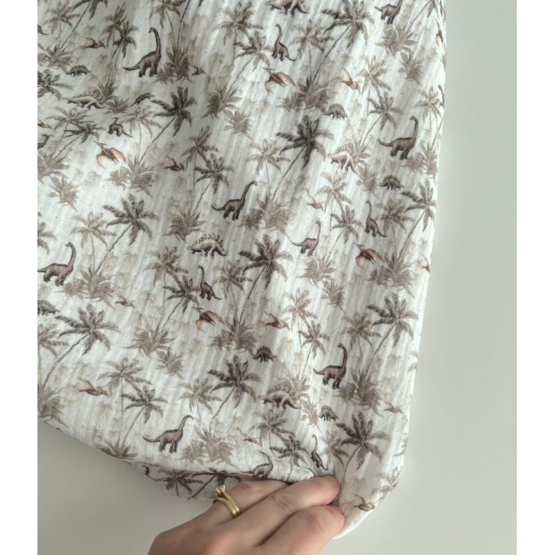 Dino - Double gaze de coton imprimé dinosaures taupe / kaki Qualité Oeko-tex - 9
