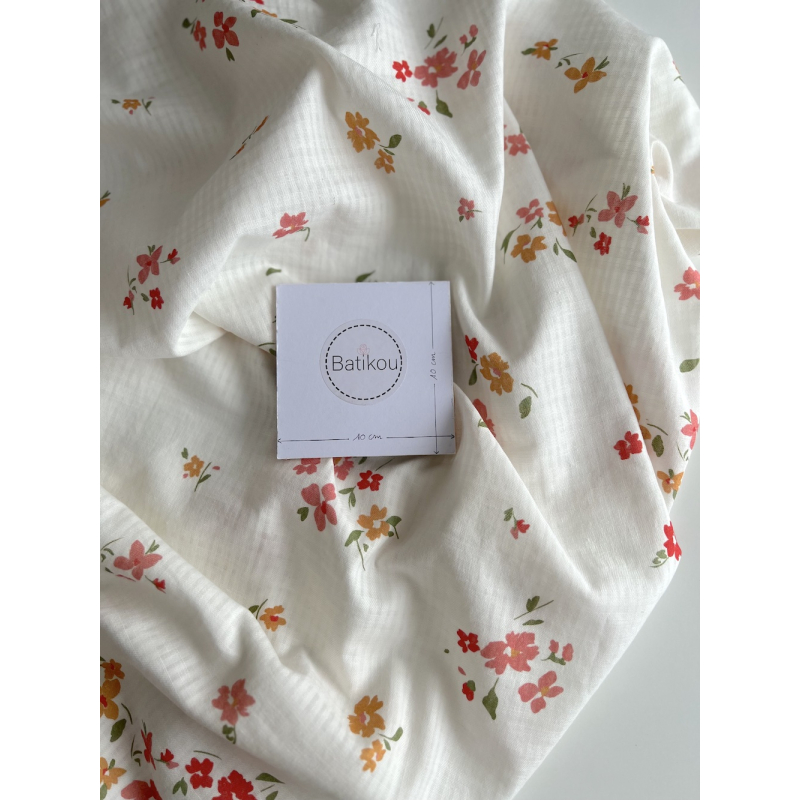 Seersucker / Coton gaufré doux fond blanc motif fleuri rouge rose Batikou - 3