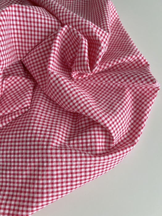 Seersucker / Coton gaufré vichy mini 3mm framboise / blanc Batikou - 3