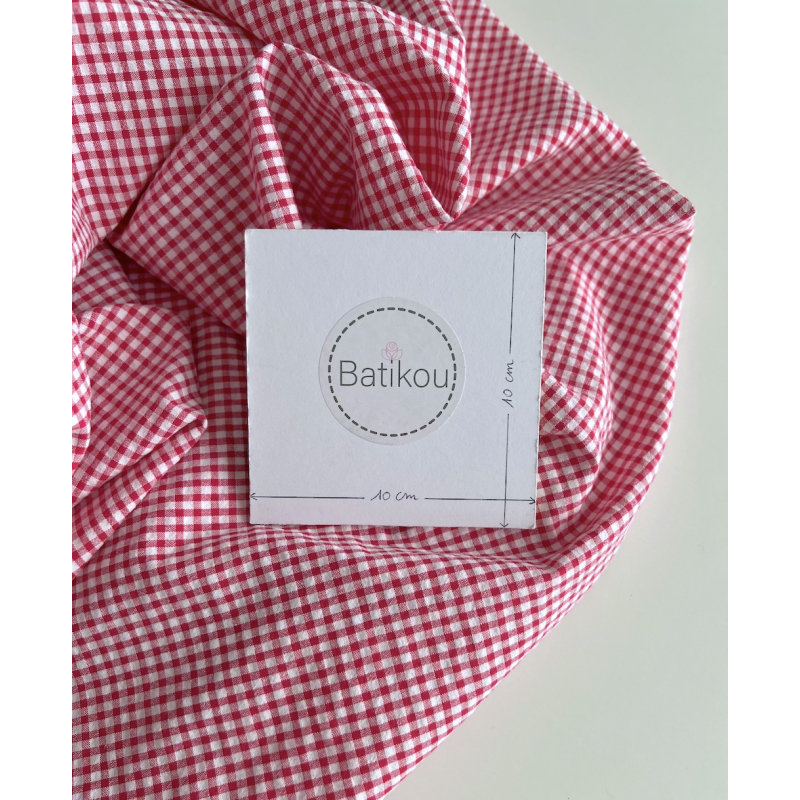 Seersucker / Coton gaufré vichy mini 3mm framboise / blanc Batikou - 4