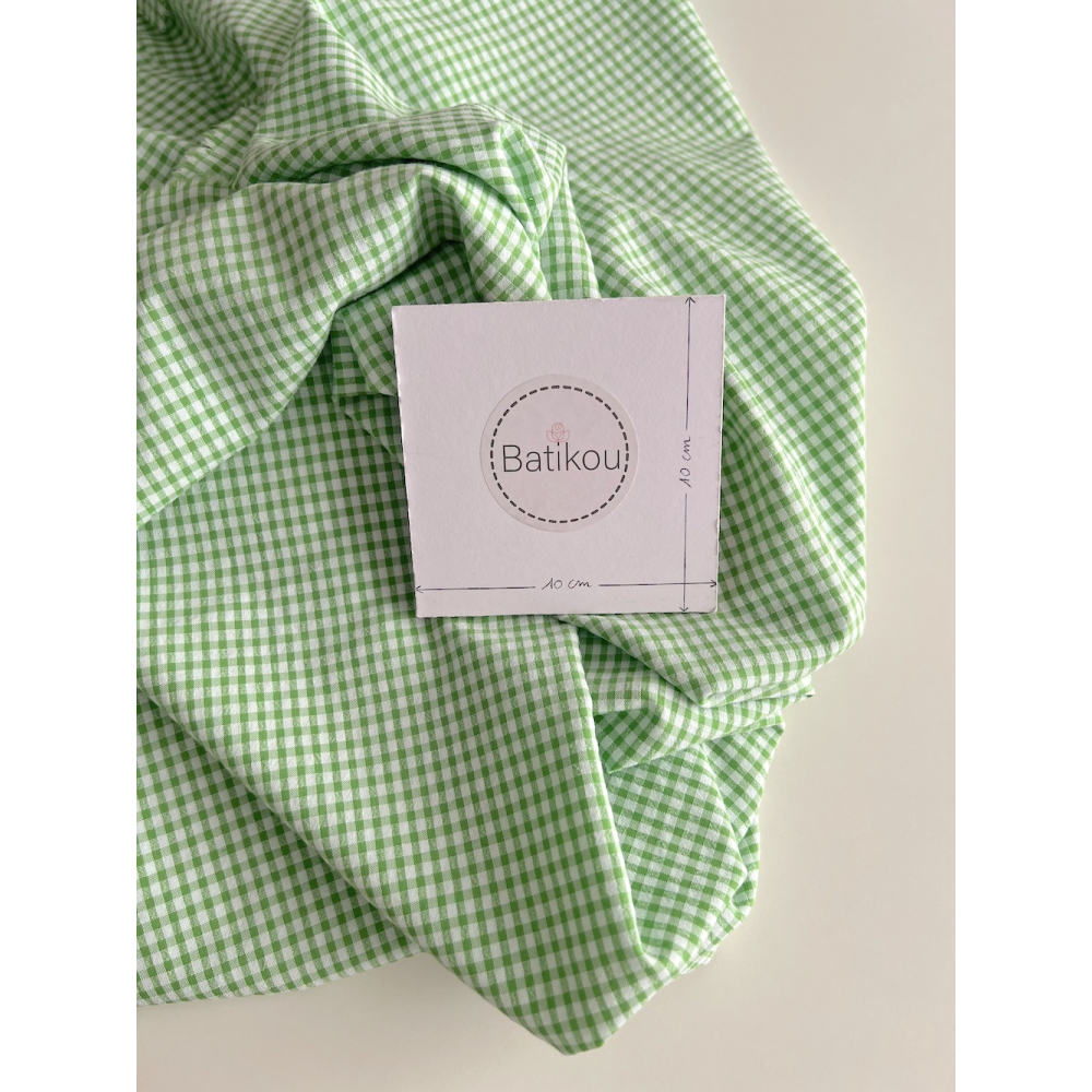 Seersucker / Coton gaufré vichy mini 3mm Vert lime / blanc Batikou - 8