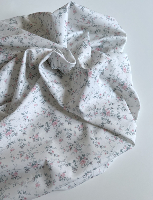 Pippa - Batiste de coton bio SILKYNE à imprimé fleuri rose /vert sauge Tissus issus de l'agriculture biologique  - 4