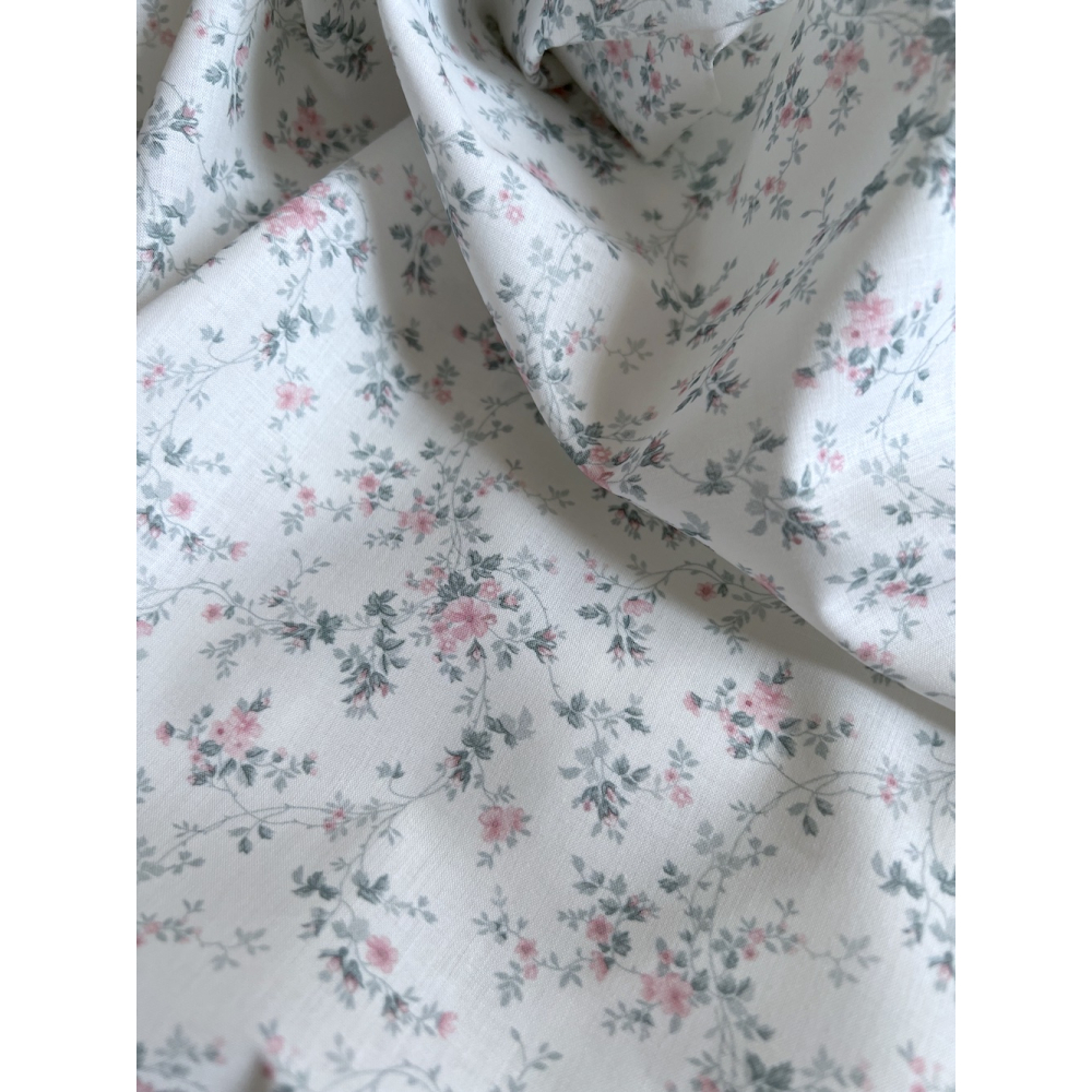 Pippa - Batiste de coton bio SILKYNE à imprimé fleuri rose /vert sauge Tissus issus de l'agriculture biologique  - 3