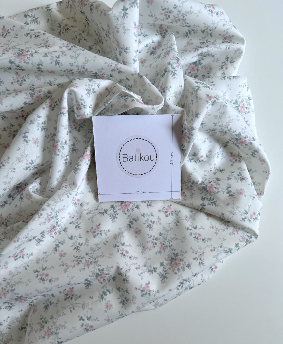 Pippa - Batiste de coton bio SILKYNE à imprimé fleuri rose /vert sauge Tissus issus de l'agriculture biologique  - 5