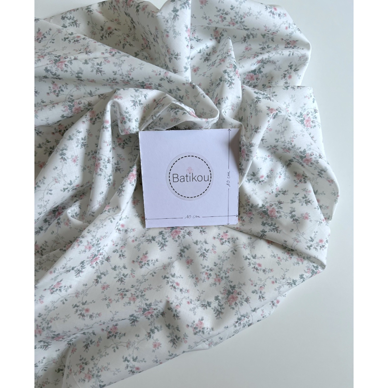 Pippa - Batiste de coton bio SILKYNE à imprimé fleuri rose /vert sauge Tissus issus de l'agriculture biologique  - 5