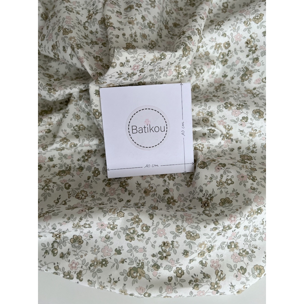 June - Popeline de coton douce BIO imprimé fleuri vert fané et rose Tissus issus de l'agriculture biologique  - 3