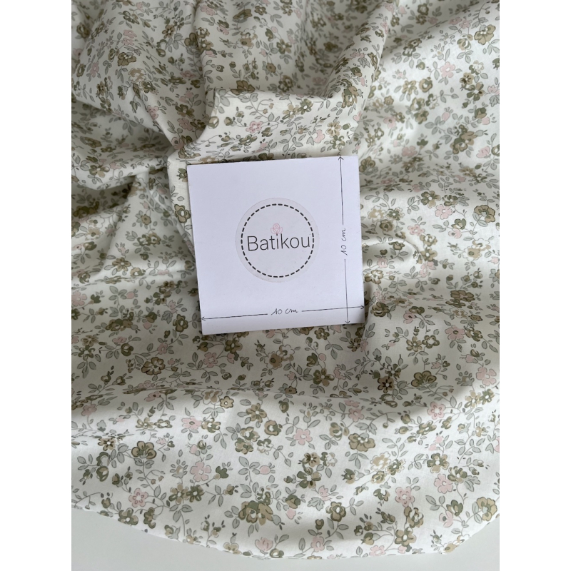 June - Popeline de coton douce BIO imprimé fleuri vert fané et rose Tissus issus de l'agriculture biologique  - 3